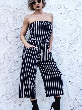 Streetwear Society Black and White Strapless Vertical Stripe Jumpsuit